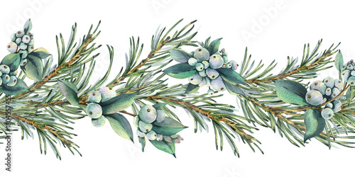 A seamless border pattern of pine branches with snowberry branches bearing white berries and green leaves. Hand-drawn watercolor illustration. A Christmas and winter composition for decor and design.