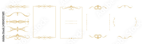 Golden frames, corners, and decorative dividers set in vintage style for wedding invitations, greeting cards, certificates, packaging, branding, posters, menus, and luxury print. Vector illustration