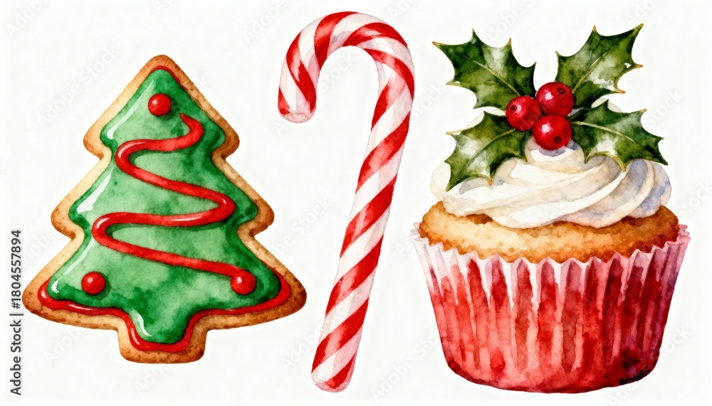 Obraz premium Watercolor Christmas dessert set with tree cookie peppermint candy and cupcake with holly