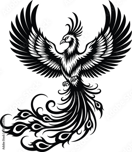 Phoenix bird vector illustration mythical firebird design black and white eps silhouette