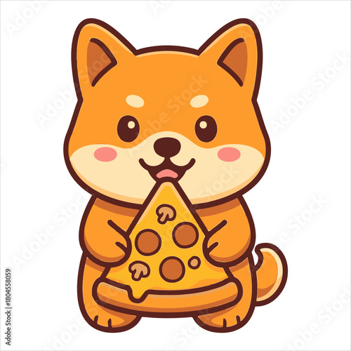 Cute Shiba Inu dog eating pizza, flat vector logo illustration for food and pet lovers
