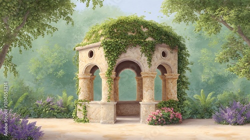 Serene and romantic scene, Beautiful classical pavilion in garden