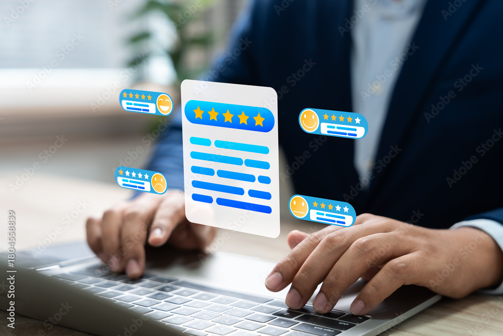 Fototapeta premium Customer satisfaction review management, Businessman analyzing digital customer reviews and five-star ratings to enhance service quality, manage online reputation in digital platforms.
