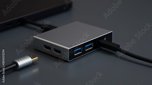 Isolated Silver and Black USB-C and HDMI Hub with Cables