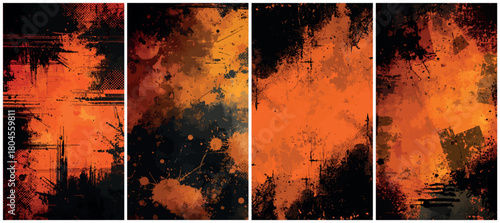 Dynamic abstract grunge orange paint splatters punk Background on dark backdrop for vibrant designs and modern art projects, creating a bold and edgy aesthetic