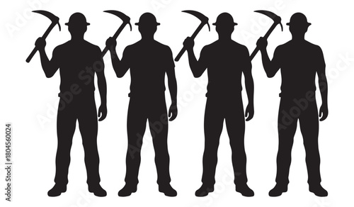  Four silhouetted miners standing together holding pickaxes on a white background