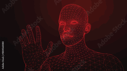 “Red Wireframe Human Figure with Raised Hand in Futuristic Digital Style”