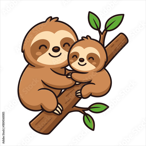 Cute mother and baby sloth hugging on a tree branch flat vector logo illustration