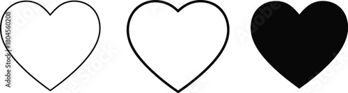 Three stylized heart shapes in a row showing outline and solid black fill
