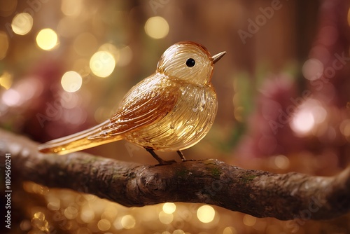 Close up of a delicate glass bird ornament on a pine tree