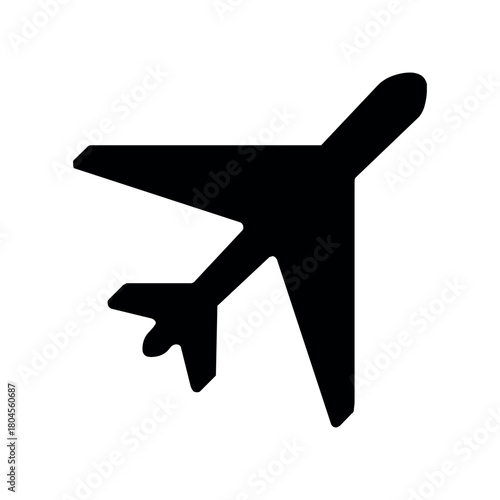A simple black silhouette of an airplane with wings and tail on a plain white background design element