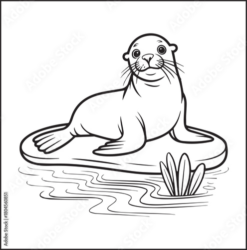 Cute sea lion ocean animal underwater scene black line art vector illustration for kids coloring pages 