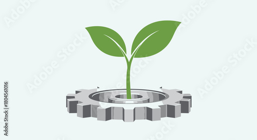 Green sprout growing from a gear, symbolizing sustainable technology.