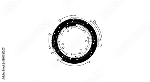 A detailed illustration of a circular technological design with interconnected lines and dots, representing data flow.