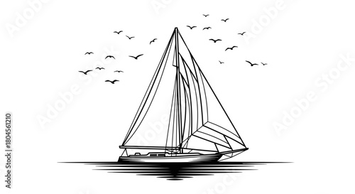 Illustration of a sailboat on the water with birds flying overhead.