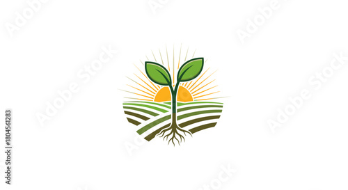 Agricultural logo of a green sprout with roots growing in a field at sunrise.