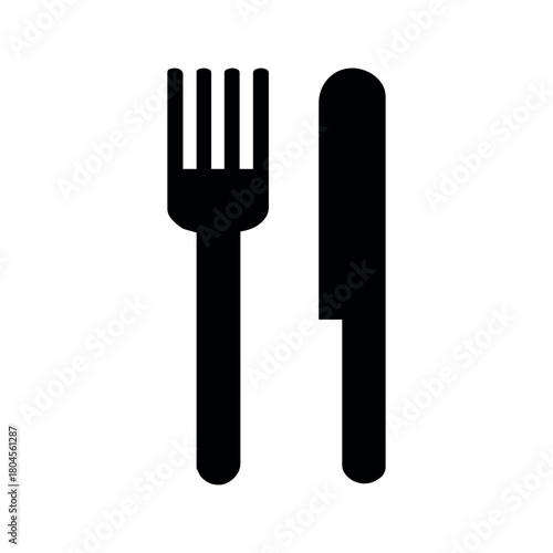 A simple black and white illustration of a fork and a knife on a white background side by side