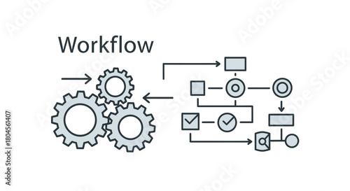 Illustration of a workflow process with gears and a flowchart representing steps and decision points.