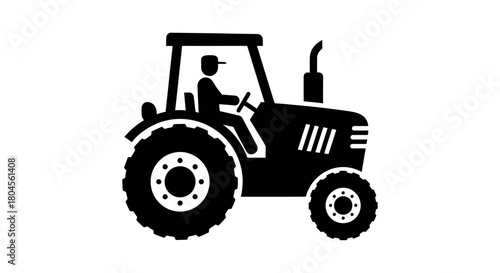 A simple black silhouette icon of a farmer driving an agricultural tractor on a white background.
