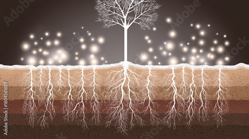 illustration of a network of root systems (representing the gut) anchored in rich, dark soil (representing good food nutrition). Tiny luminous spheres (probiotics) are shown strengthening the 