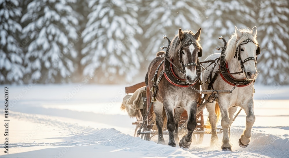 Naklejka premium Two horses pulling a sleigh through snowy forest in winter