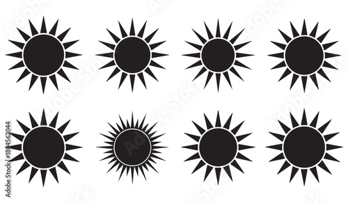  Collection of eight stylized black sun icons with jagged rays on a white background