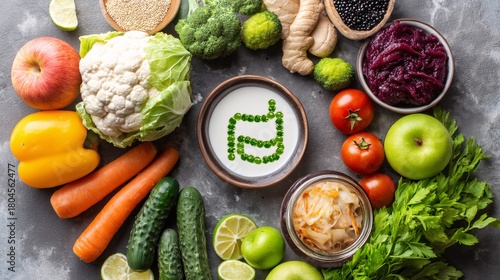 flat lay of probiotic foods like yogurt, kimchi, sauerkraut, and fruits forming a circular shape around digestive system icon, representing gut health and balanced diet, space on side for copy. 