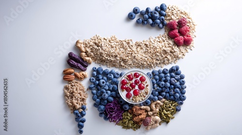 food arrangement including probiotic yogurt, berries, oats, and nuts placed beside stylized digestive system outline, emphasizing good nutrition for gut wellness, white background and ample 