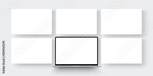 Laptop with blank screen and empty web templates, clean mockup for showcasing website design and UI projects