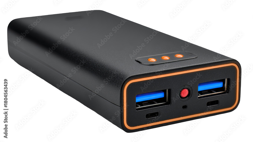 Fototapeta premium Title: Black Power Bank with Blue and Orange USB Ports and Button on White Background