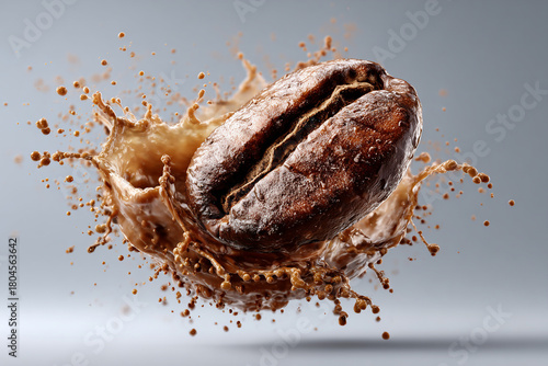 Roasted coffee bean creating a delicious brown liquid splash against a light background