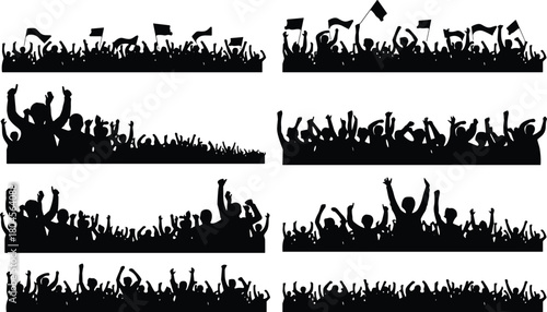 Crowd silhouettes cheering with raised hands and waving flags during celebration event, energetic audience illustration for festival, concert, rally background