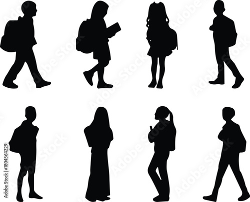 Student silhouettes walking and standing with backpacks, educational figure illustration set for school design, vector collection for learning themes
