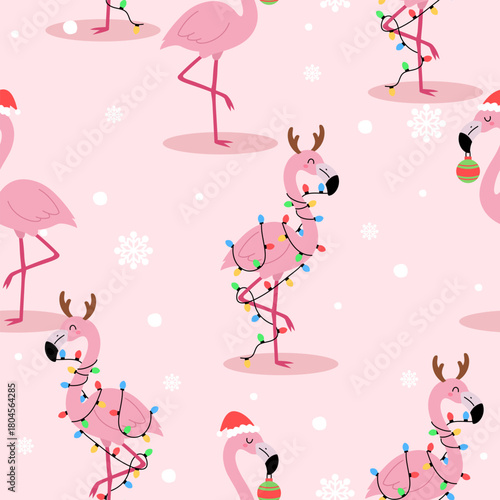 Cute Christmas flamingo seamless pattern on pink background