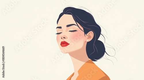 minimalistic portrait illustration of calm woman with closed eyes, dark hair, against light background
