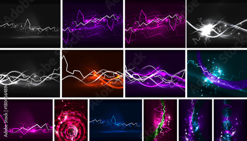 Abstract backgrounds showcase vibrant lines, waves, energy flows. Bright colors dominate dark space, creating dynamic visuals.