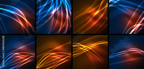 Abstract backgrounds feature vibrant curves, flowing lines. Colors include blues, oranges, reds creating dynamic visual patterns.
