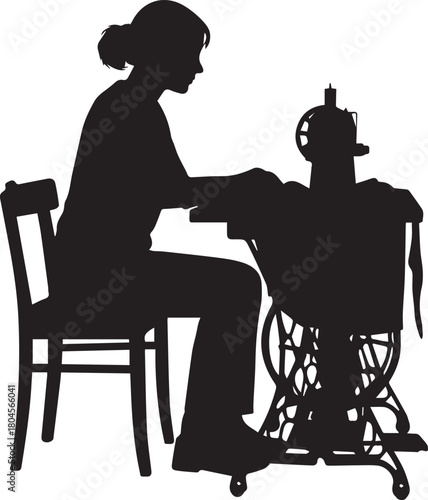 Silhouette of a woman sewing on a vintage machine capturing a nostalgic craft scene