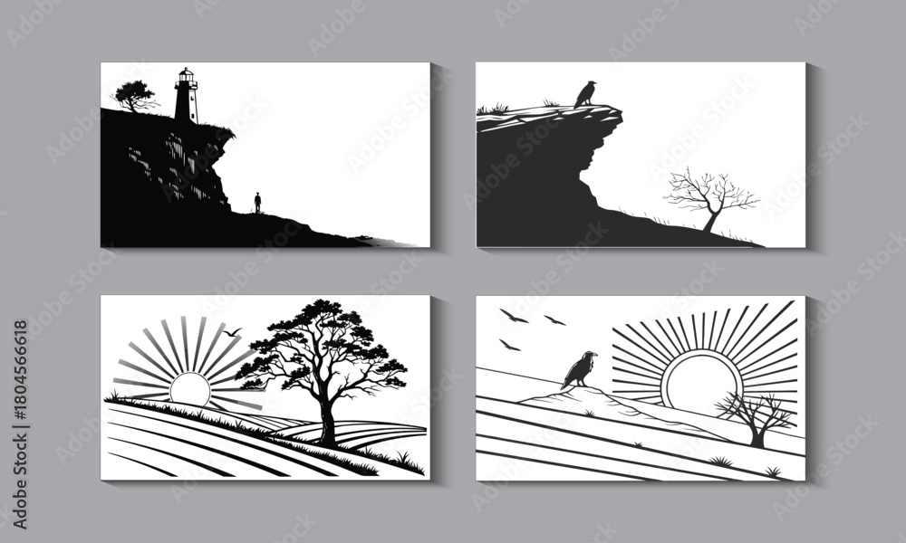 Obraz premium Split Ocean and Cliff Horizon Vector Illustration Set