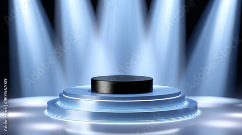 Circular black podium illuminated by dramatic stage lights, showcasing a modern design, creating a captivating atmosphere for performances and presentations in a theatrical setting