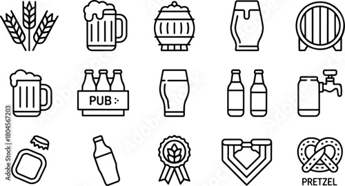 Beer icons set in outline style brewery pub