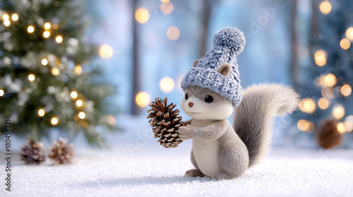 Cute gray squirrel wearing a knitted hat is holding a pine cone in a snowy winter landscape with twinkling lights and evergreen trees, creating a festive atmosphere