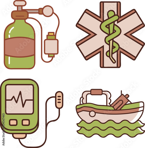 WebOxygen Cylinder, Respiratory Care, Breathing Support, Medical Ventilation, and Emergency Life Support Vector Line Icons Set