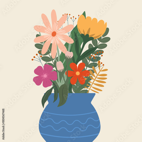 Colorful flowers and green leaves in blue vase, simple bright vector illustration for decor, cards, posters and spring design projects