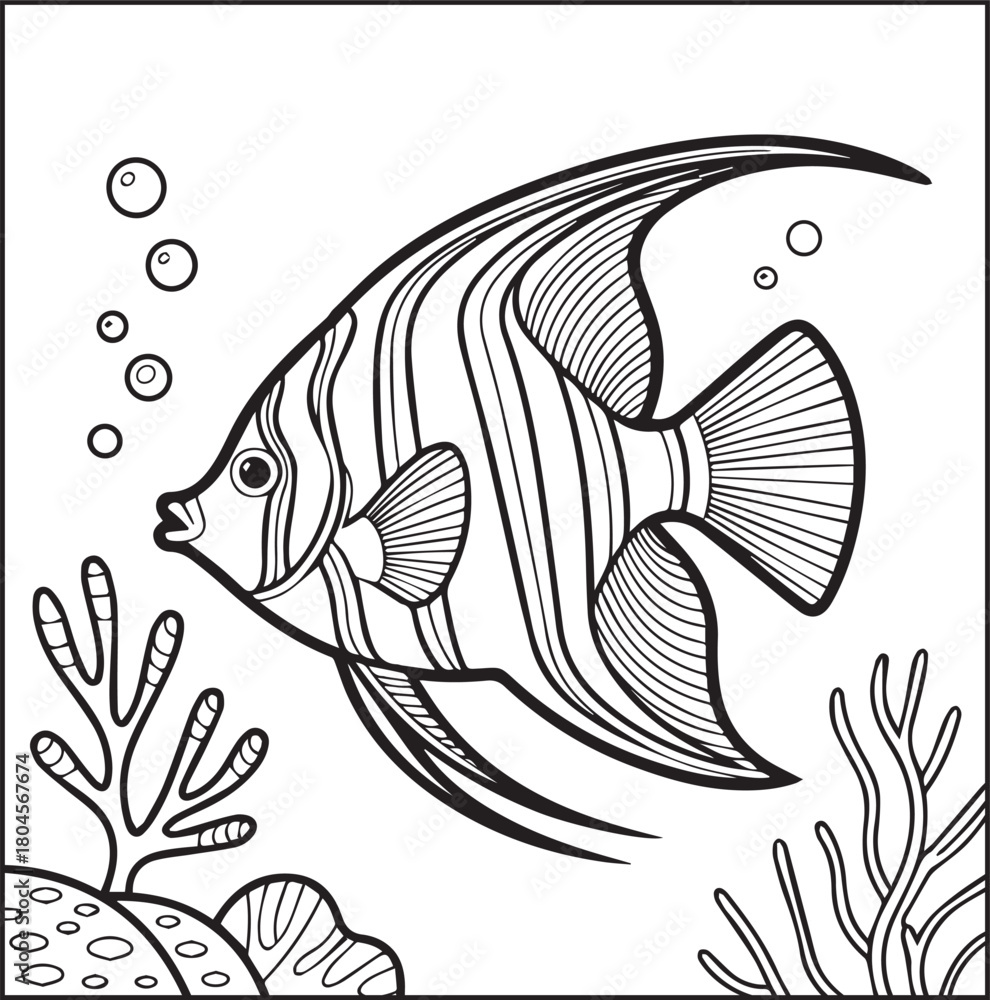 Obraz premium Cute angelfish ocean animal underwater scene black line art vector illustration for kids coloring pages