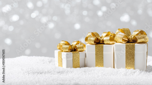 Three elegantly wrapped gift boxes with golden ribbons are placed on a snowy surface, creating a festive atmosphere with sparkling bokeh lights in the background