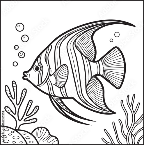 Cute angelfish ocean animal underwater scene black line art vector illustration for kids coloring pages 