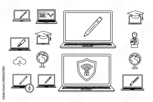 editable outline pure white background E-learning, online education elements