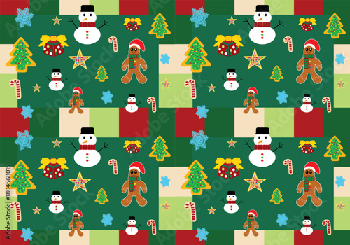 Adorable and Cozy Christmas Doodle Seamless Pattern for Kids with Snowman, Gingerbread Man, Star Cookies, and Gifts on Cozy Holiday Background