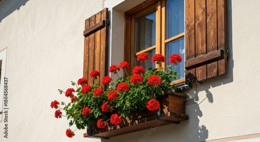 Naklejka premium Exterior view of a sunlit window with red flowers in a wooden box and wooden shutters
